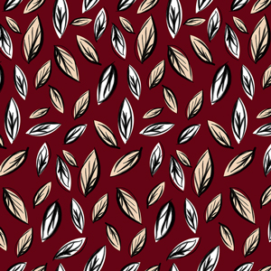 Seamlees Hand Drawn Leaves, on Maroon Background, Ready for Textile Prints.