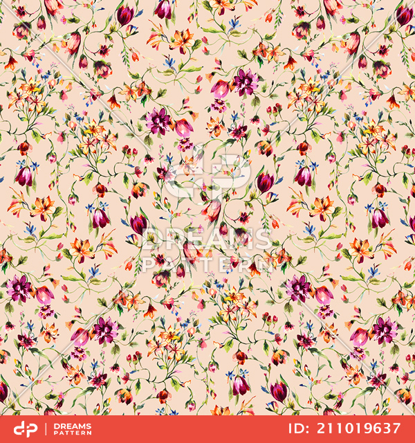 Seamless Watercolor Floral Pattern on Beige Background, Ready for Textile Prints.