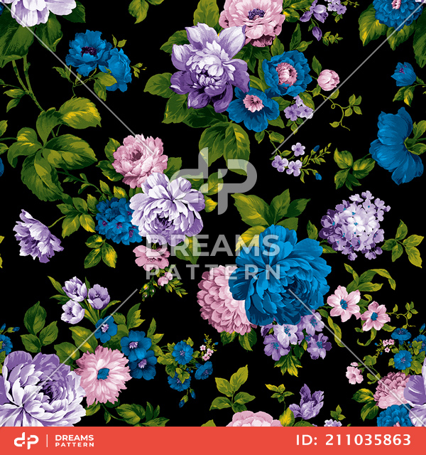 Seamless Watercolor Floral Design on Black Background Ready for Textile Prints.