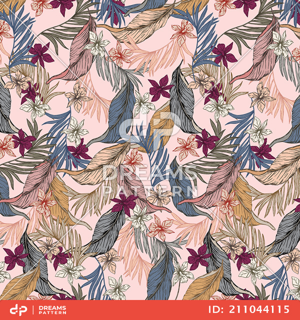 Seamless Vintage Floral Pattern with Leaves, Colorful Hand Drawn Tropical Leaves.