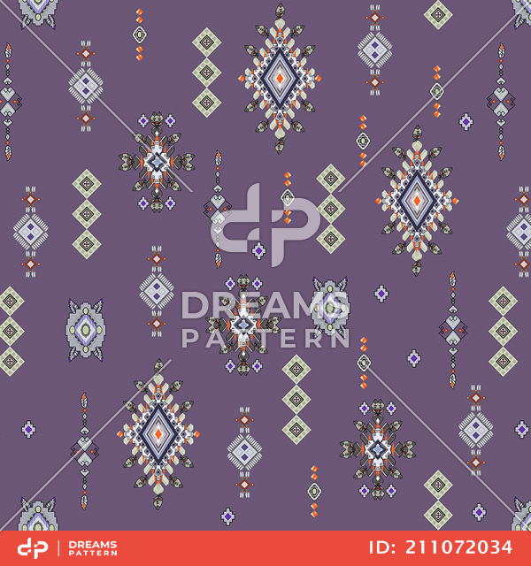 Seamless Colored Ethnic Design on Purple Background Ready for Textile Prints.