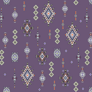 Seamless Colored Ethnic Design on Purple Background Ready for Textile Prints.
