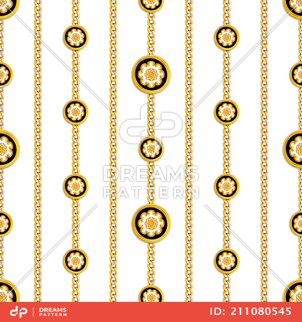 Seamless Pattern of Antique Decorative Motif with Golden Chains on White Background.