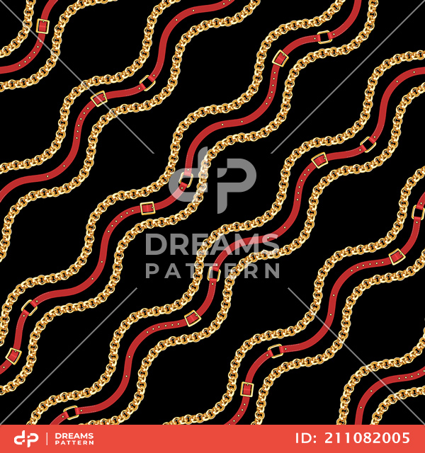 Seamless Pattern of Golden Chains and Belts. Curved Waves, Designed with diagonal form.