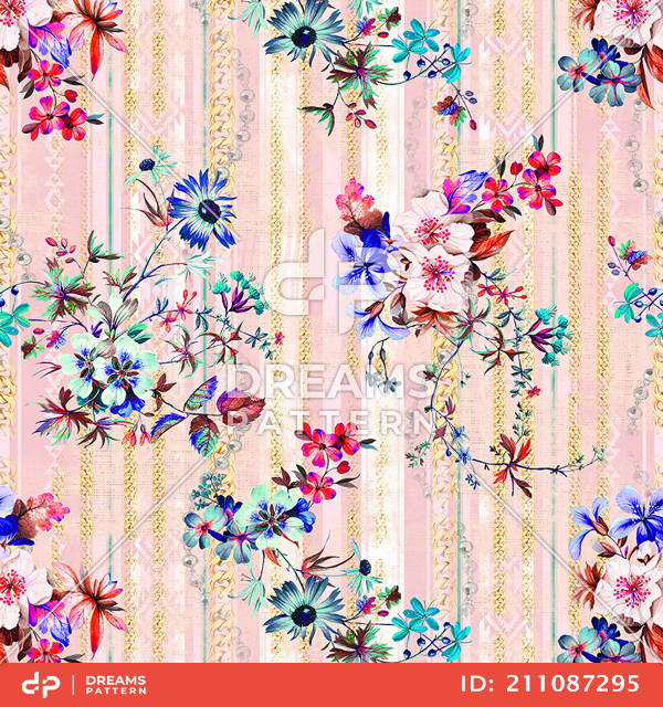 Seamless Colorful Floral Pattern with Chains and Lines, Ready for Fabric Textile Prints.