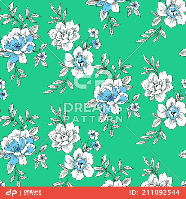 Seamless Hand Drawn Floral Pattern, Vintage Flowers on Green Background.