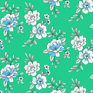Seamless Hand Drawn Floral Pattern, Vintage Flowers on Green Background.