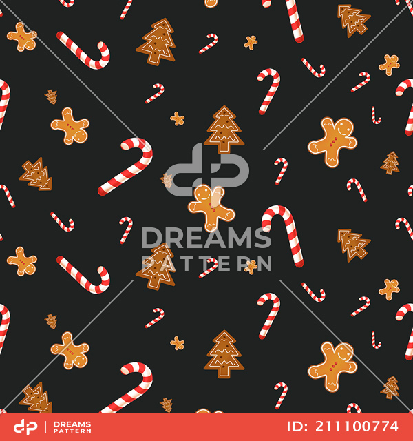 Seamless Pattern of Christmas Candy and Cookies on Dark Ready for Textile Prints.