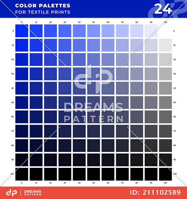 Set 24 Color Palettes for Textile Prints. Tints and Shades Chart, Colors Guide Swatches.