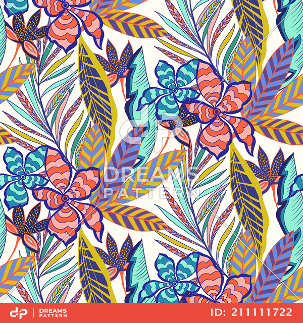 Seamless Colored Tropical Flowers with Retro Hawaiian Style Ready for Textile Prints.