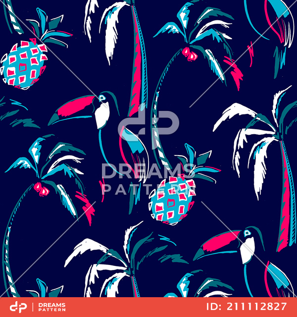 Seamless Summer Design, Tropical Palm Tree, Parrot and Hibiscus Pattern Ready for Textile Prints.
