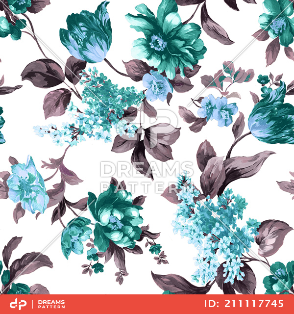 Seamless Hand Painted Watercolor Pattern of Big and Small Flowers.