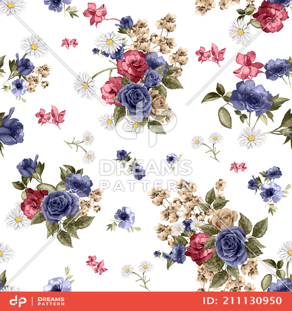 Seamless Watercolor Floral Pattern, Beautiful Flowers Bouquet on White Background.