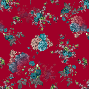 Seamless Spring Flowers and Leaves. Botanical Pattern, on Red Background.
