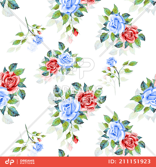 Beautiful Seamless Design with Colorful Watercolor Roses on White Background.