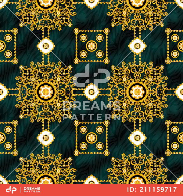 Seamless Luxury Pattern of Golden Chains and Baroque on Animal Skin Background.