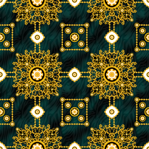 Seamless Luxury Pattern of Golden Chains and Baroque on Animal Skin Background.