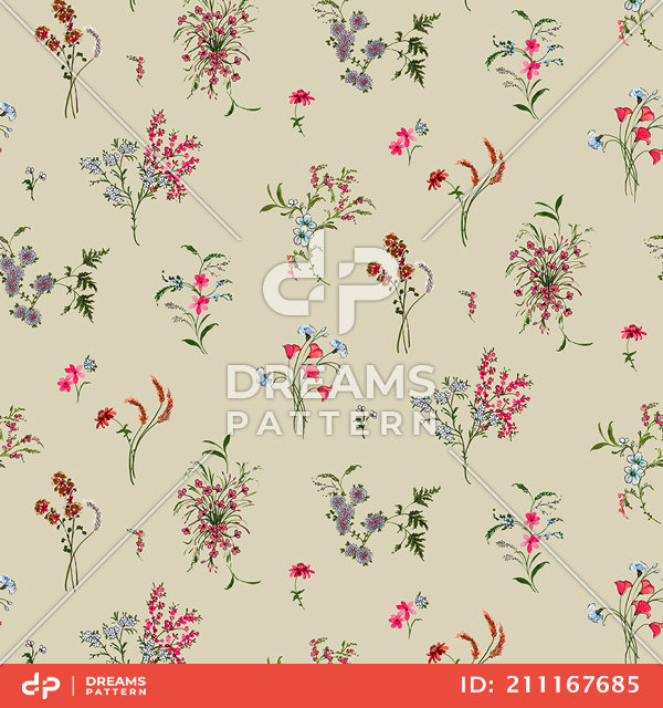 Seamless Beautiful Arrangement Floral Pattern with Leaves on Beige Background.