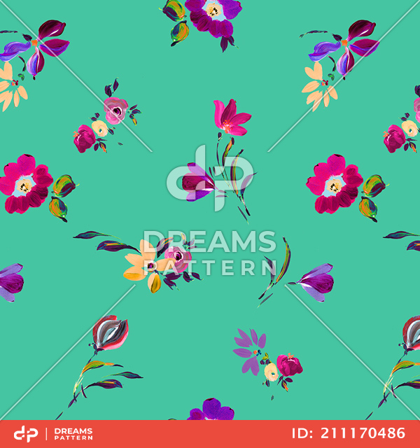 Seamless Colorful Floral Pattern, Flowers on Mint Ready for Textile Prints.