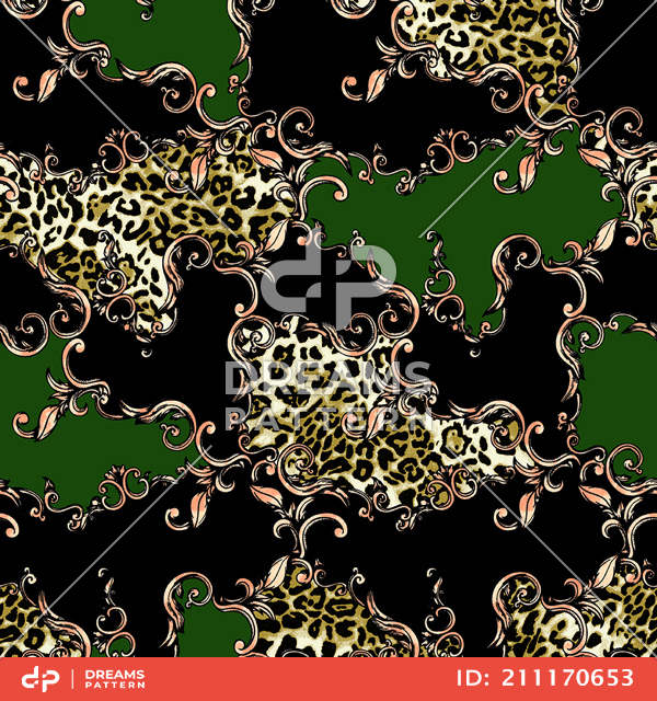 Leopard Skin and Baroque, Seamless Colored Pattern Patch for Textile Print.