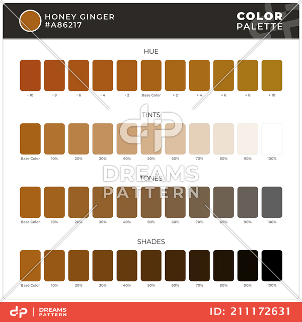 Honey Ginger / Color Palette Ready for Textile. Hue, Tints, Tones and Shades Guide.
