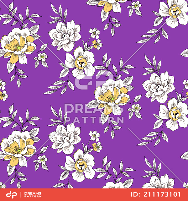 Seamless Hand Drawn Floral Pattern, Vintage Flowers on Purple Background.