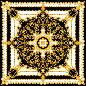 Luxury Golden Chains with Baroque Pattern. Silk Scarf Jewelry Shawl Design.