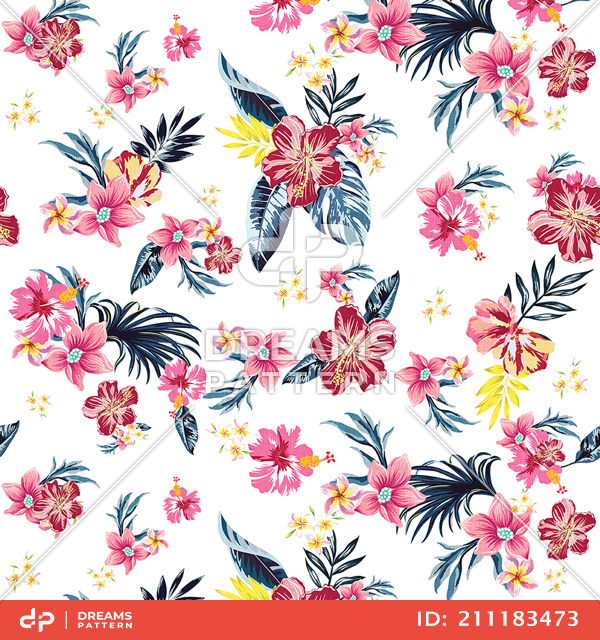 Seamless Colored Tropical Flowers; Hawaiian Floral Pattern, on White Background.