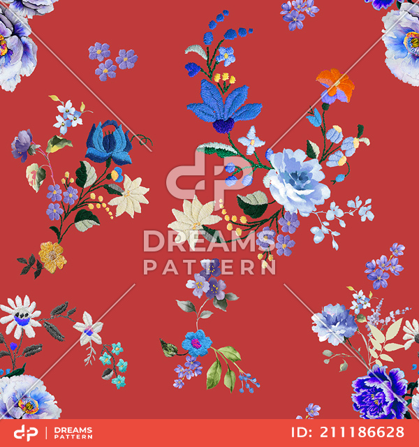 Seamless Embroidery Floral Design on Colored Background, Flowers Pattern Ready for Textile Prints.