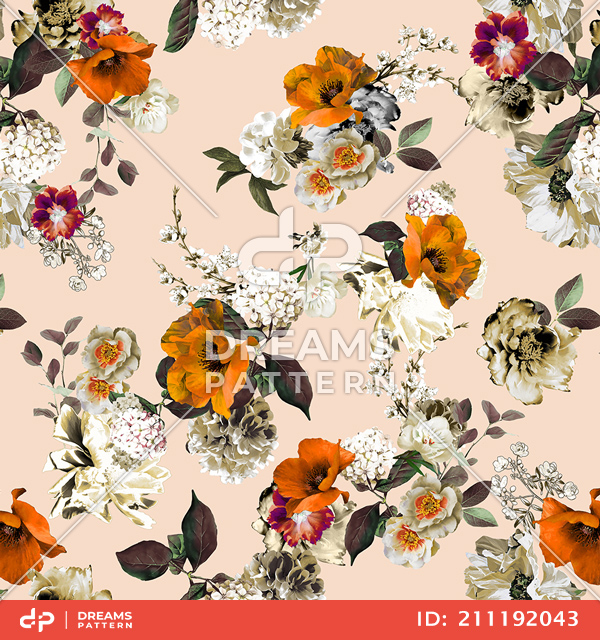 Seamless Floral Pattern with Leaves, Repeated Design Ready for Textile Prints.