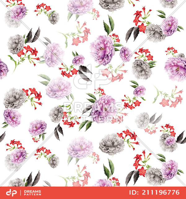Colored Flowers with Leaves on White Background Ready for Textile.