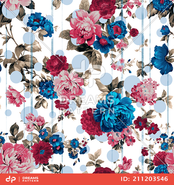 Seamless Watercolor Floral Design with Lines and Dots Ready for Textile Prints.