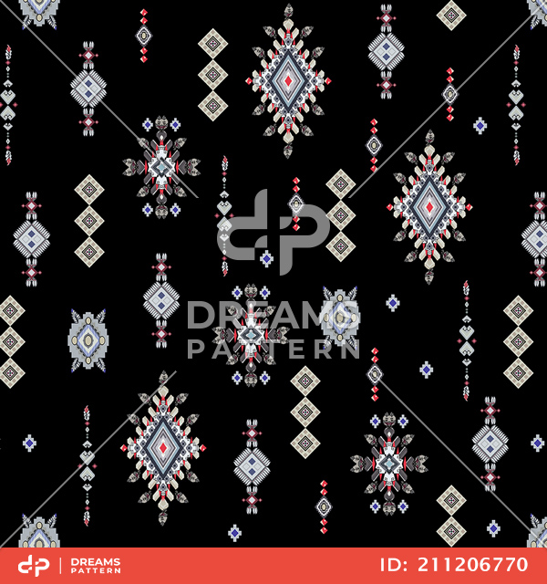 Seamless Colored Ethnic Design on Black Background Ready for Textile Prints.