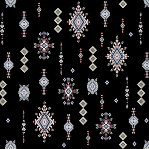 Seamless Colored Ethnic Design on Black Background Ready for Textile Prints.