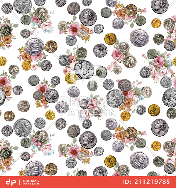 Ancient Coins Pattern with Watercolor Flowers on White Background Ready for Textile Print.