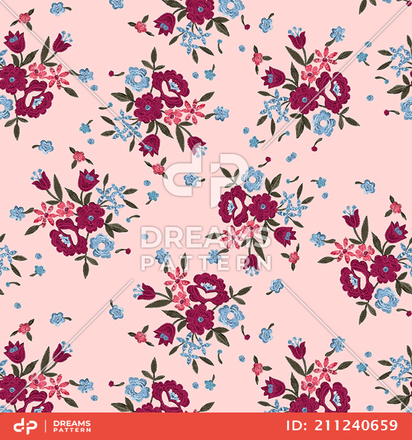 Seamless Embroidery Pattern of Flowers with Leaves Designed for Fabric Textile.