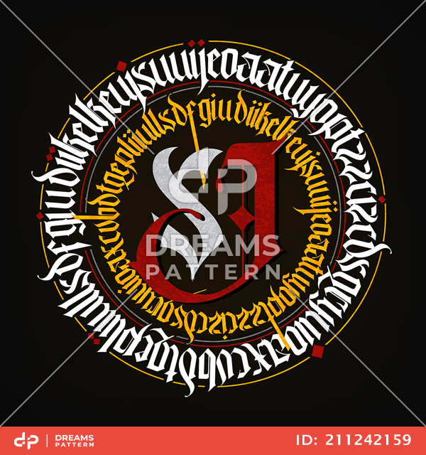 Gothic Abstract Red, Yellow and White Rounded Calligraphy, Hand Drawn Illustration.