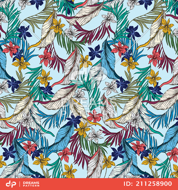 Seamless Vintage Floral Pattern with Leaves, Colorful Hand Drawn Tropical Leaves.