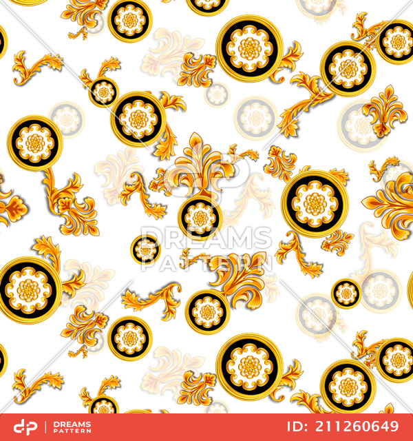 Seamless Pattern of Golden Decorative Motif with Baroque, on White Background.