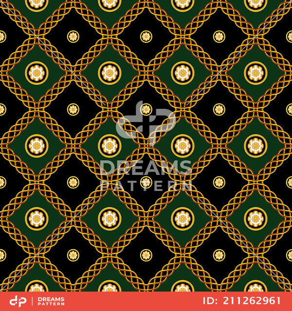 Seamless Luxury Diagonal Pattern with Golden Antique Decorative Motifs.