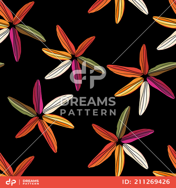 Beautiful Hand Drawn Lily Flowers, Seamless Pattern Designed on Black Background.