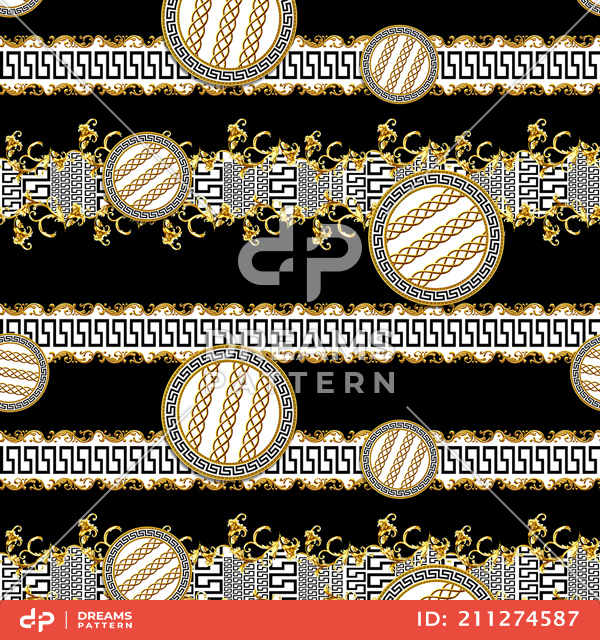 Seamless Pattern of Golden Baroque with Versace on Black Background.