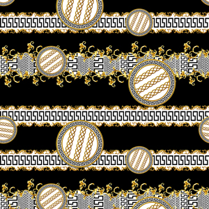 Seamless Pattern of Golden Baroque with Versace on Black Background.
