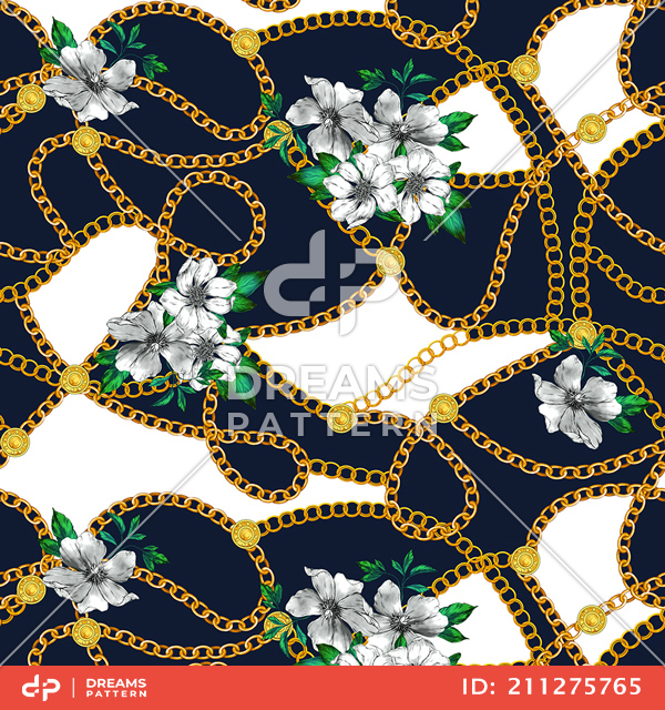 Seamless Chains Pattern with Flowers and Leopard Skin on White Background.