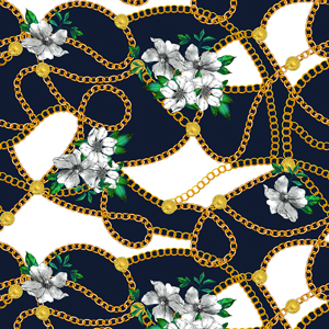 Seamless Chains Pattern with Flowers and Leopard Skin on White Background.
