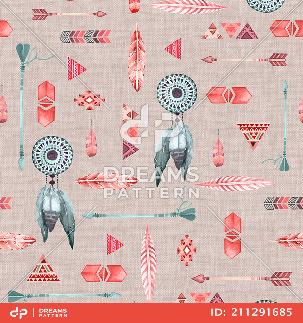 Seamless Aztec Pattern, Leaves and Arrows on Textured Background Ready for Textile Prints.