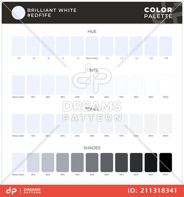 Brilliant White / Color Palette Ready for Textile. Hue, Tints, Tones and Shades Guide.