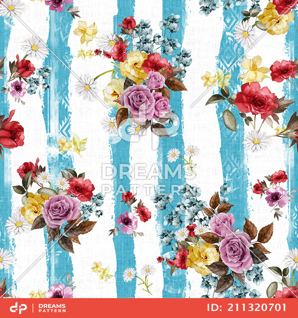 Seamless Beautiful Flowers Bouquet Pattern, with Striped Background.