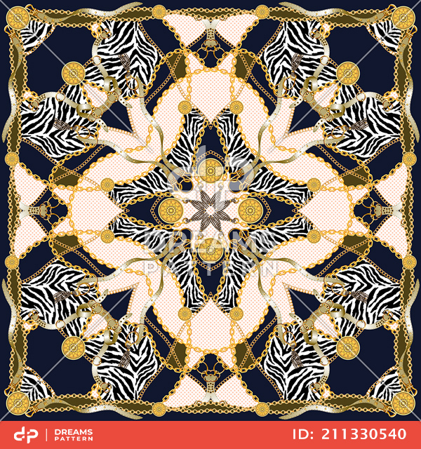 Golden Chains with Belts and Zebra Print. Modern Scarf Collection for Textile Print.