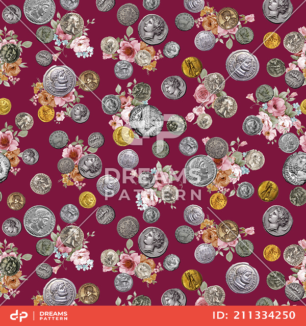 Ancient Coins Pattern with Watercolor Flowers on Red Background Ready for Textile Print.